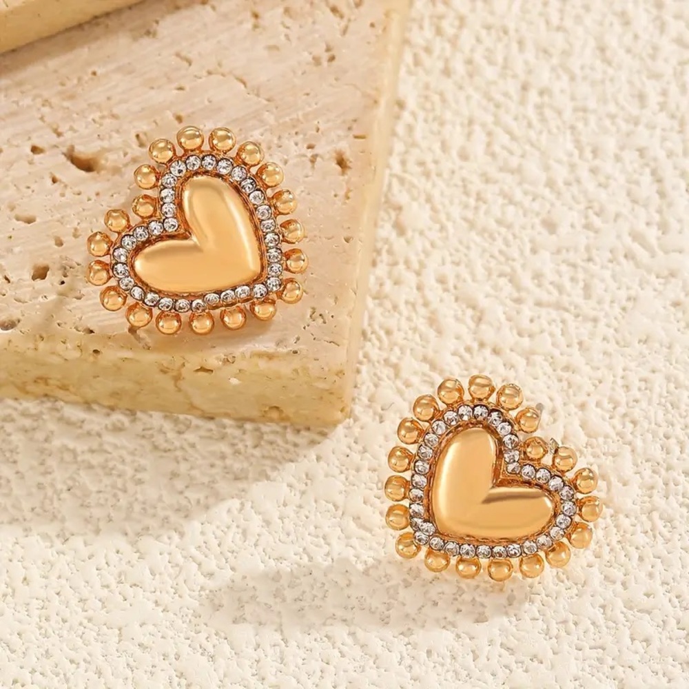 Gold Rhinestone Heart Stud Earrings - Picture 4 of 5